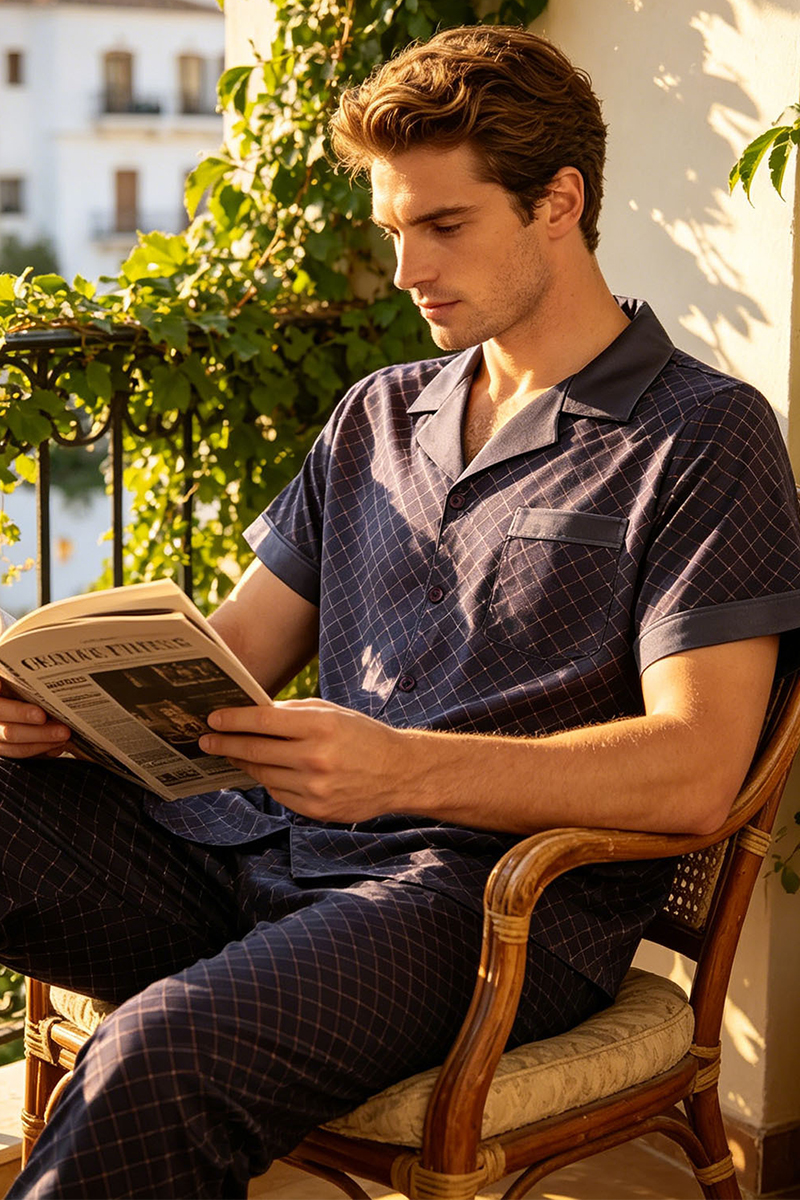 Men's 19 Momme Heavy 92% Mulberry Silk Pajama Set Short Sleeve Top & Long Pants Loungewear