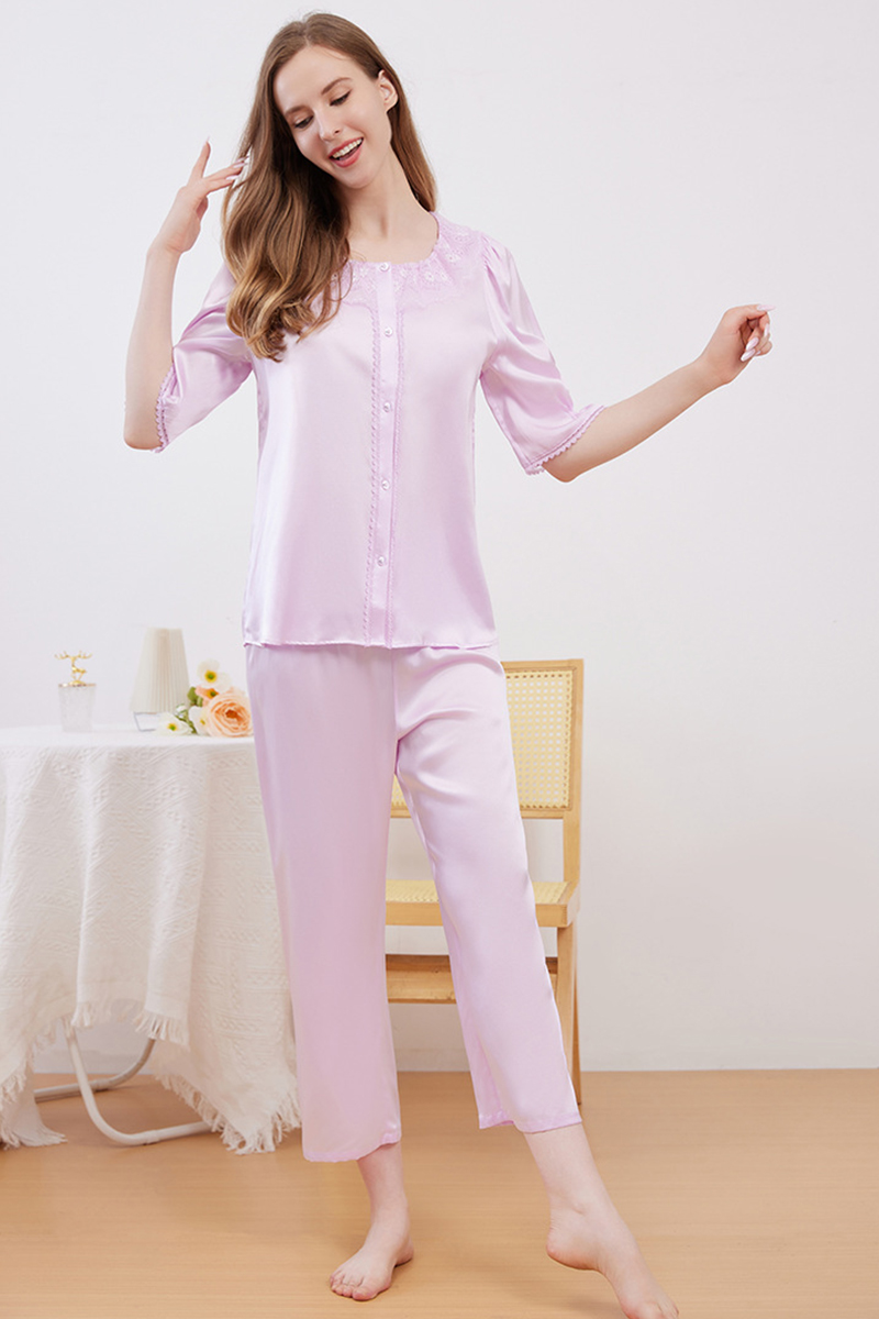 19 Momme Heavy 100% Mulberry Silk Pajama Set Cool Feeling Mid-Sleeve Loungewear with Delicate Lace Trim for Summer