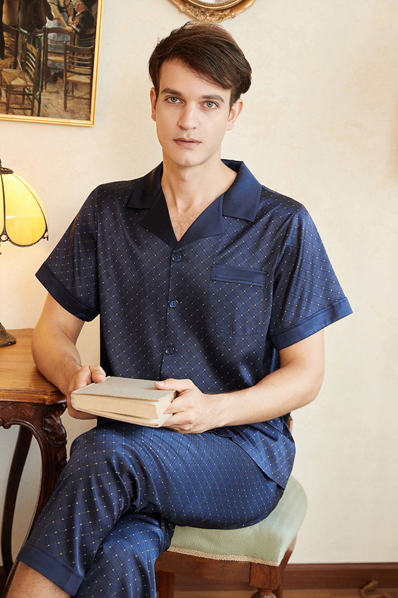 Men's 19 Momme Heavy 92% Mulberry Silk Pajama Set Short Sleeve Top & Long Pants Loungewear
