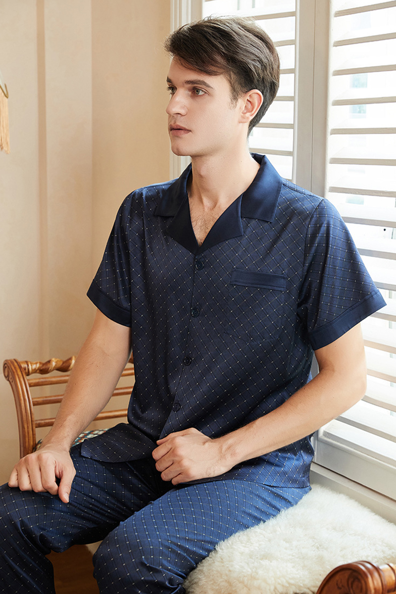 Men's 19 Momme Heavy 92% Mulberry Silk Pajama Set Short Sleeve Top & Long Pants Loungewear