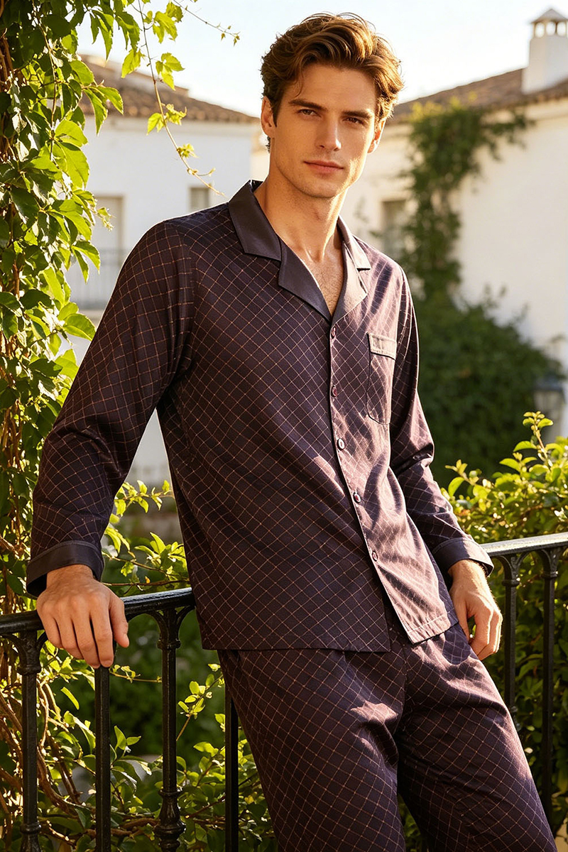 Men's 19 Momme Heavy 92% Mulberry Silk Pajama Set Short Sleeve Top & Long Pants Loungewear