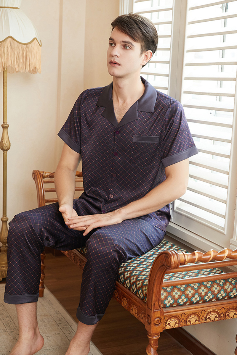 Men's 19 Momme Heavy 92% Mulberry Silk Pajama Set Short Sleeve Top & Long Pants Loungewear