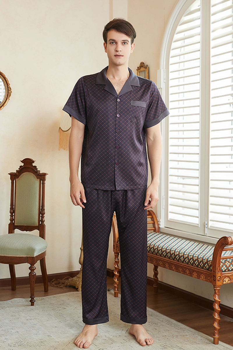Men's 19 Momme Heavy 92% Mulberry Silk Pajama Set Short Sleeve Top & Long Pants Loungewear