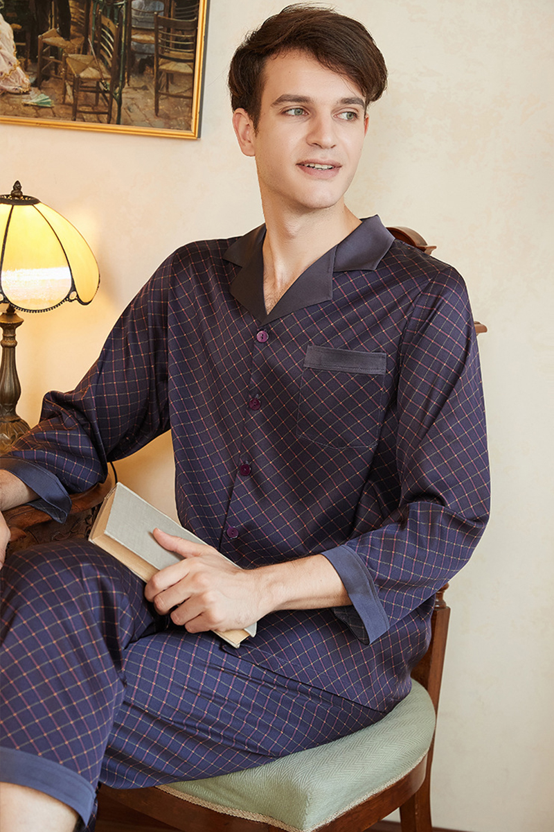 Men's 19 Momme Heavy 92% Mulberry Silk Pajama Set Short Sleeve Top & Long Pants Loungewear