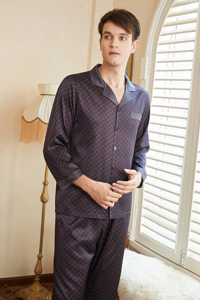 Men's 19 Momme Heavy 92% Mulberry Silk Pajama Set Short Sleeve Top & Long Pants Loungewear