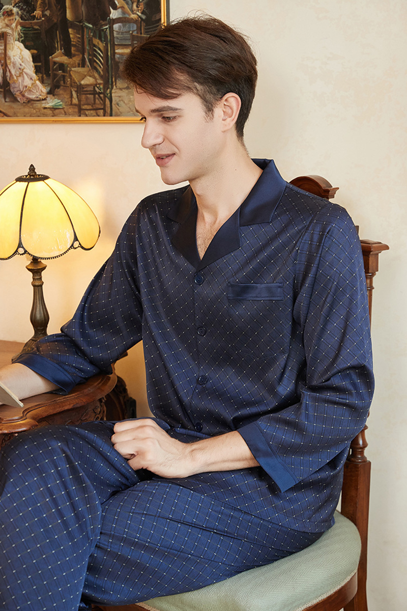 Men's 19 Momme Heavy 92% Mulberry Silk Pajama Set Short Sleeve Top & Long Pants Loungewear