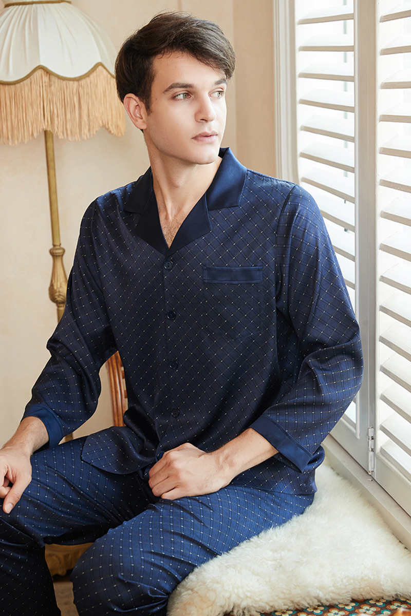 Men's 19 Momme Heavy 92% Mulberry Silk Pajama Set Short Sleeve Top & Long Pants Loungewear