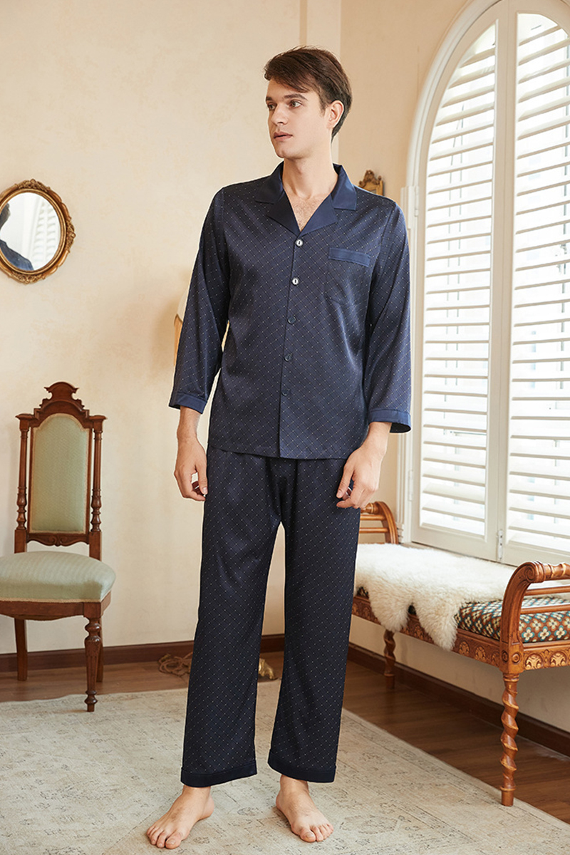 Men's 19 Momme Heavy 92% Mulberry Silk Pajama Set Short Sleeve Top & Long Pants Loungewear