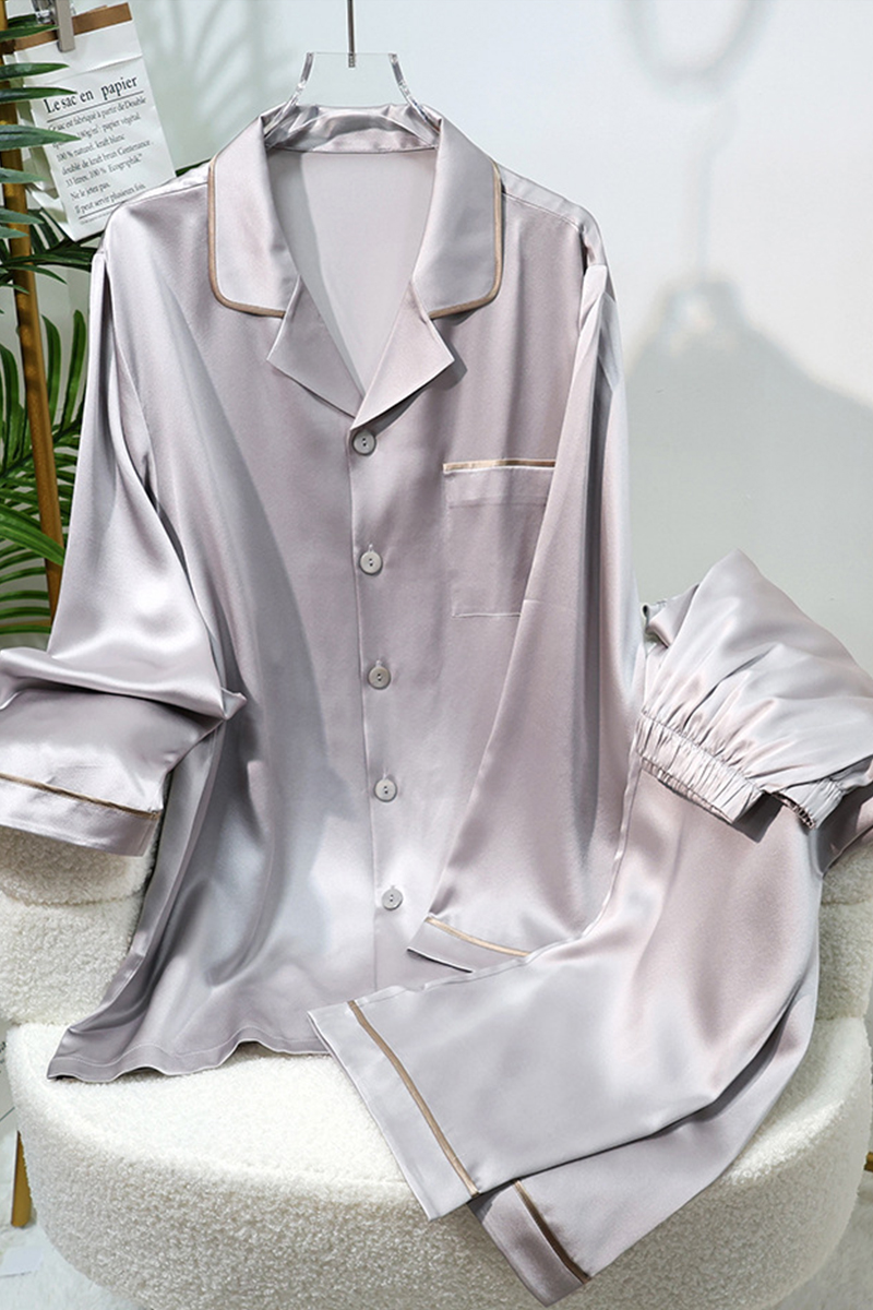 Men's 19 Momme 6A Grade Heavy 100% Mulberry Silk Pajama Set Luxury Long Sleeve Loungewear