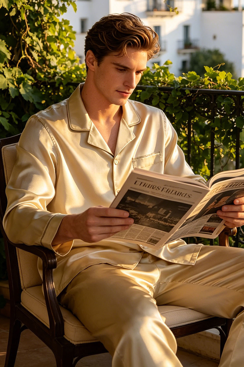 Men's 19 Momme 6A Grade Heavy 100% Mulberry Silk Pajama Set Luxury Long Sleeve Loungewear