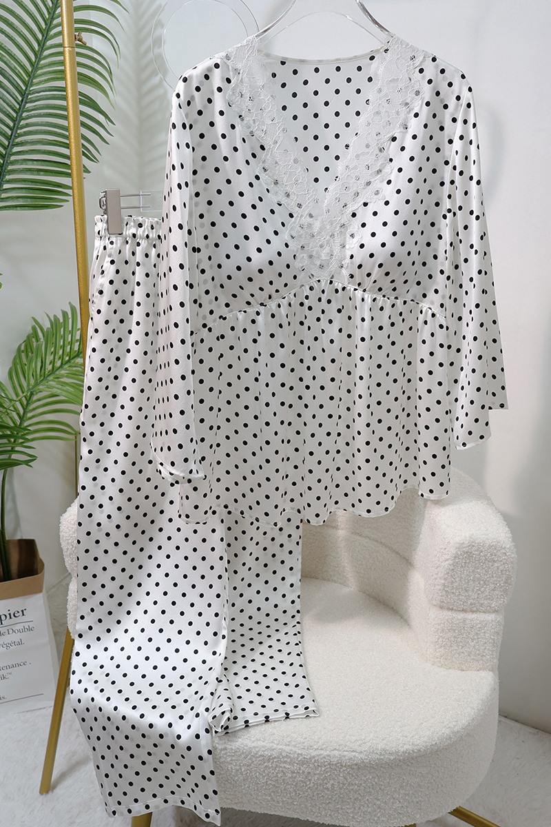 19 Momme Heavy Mulberry Silk Pajama Set Polka Dot Deep V Sexy Lace Loungewear with Built-In Bra Pads