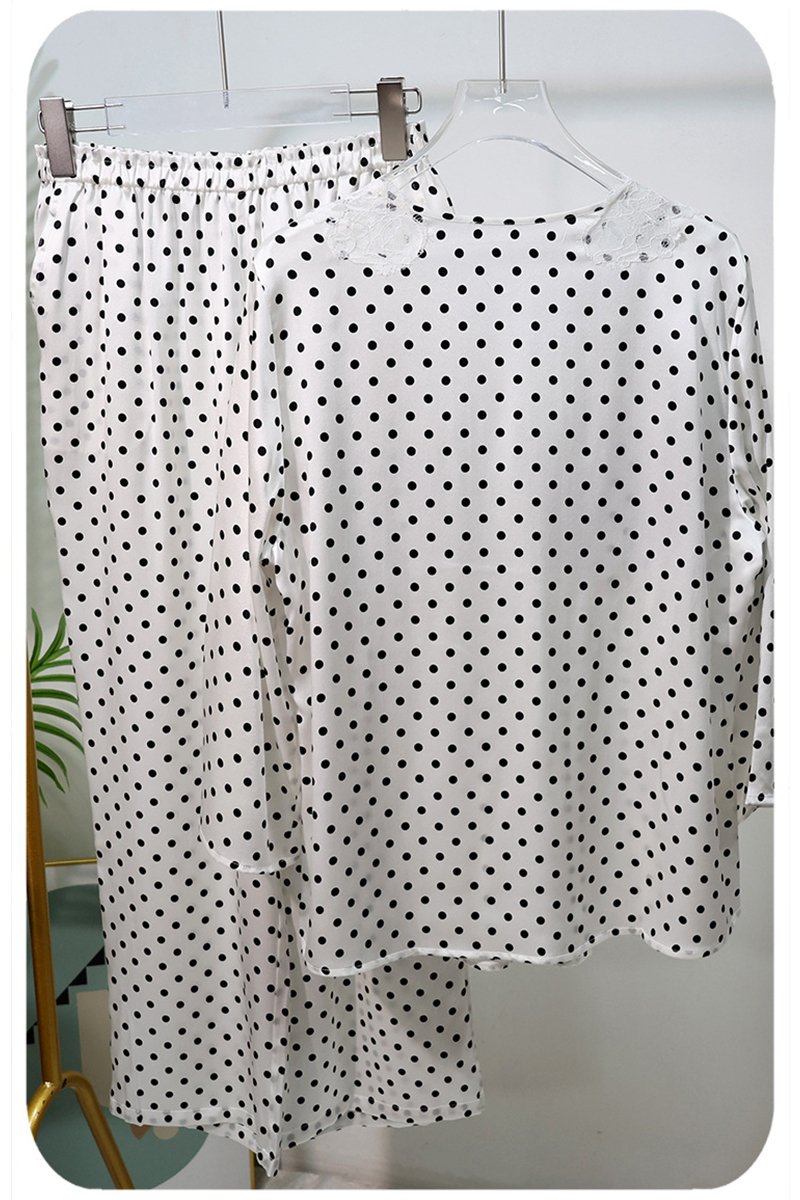 19 Momme Heavy Mulberry Silk Pajama Set Polka Dot Deep V Sexy Lace Loungewear with Built-In Bra Pads