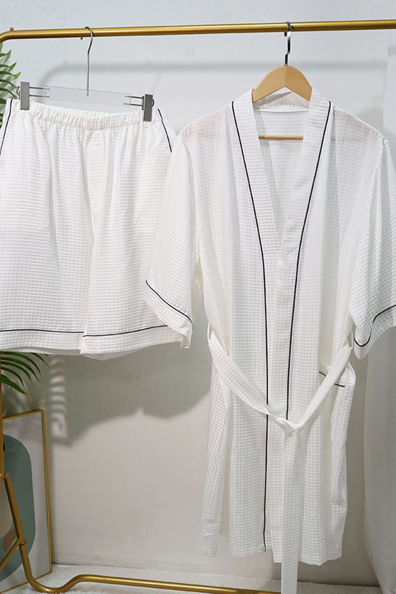 19 Momme Couple White Waffle Texture Heavy 100% Mulberry Silk Robe 2-Piece Set