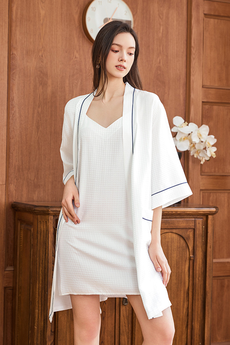 19 Momme Couple White Waffle Texture Heavy 100% Mulberry Silk Robe 2-Piece Set