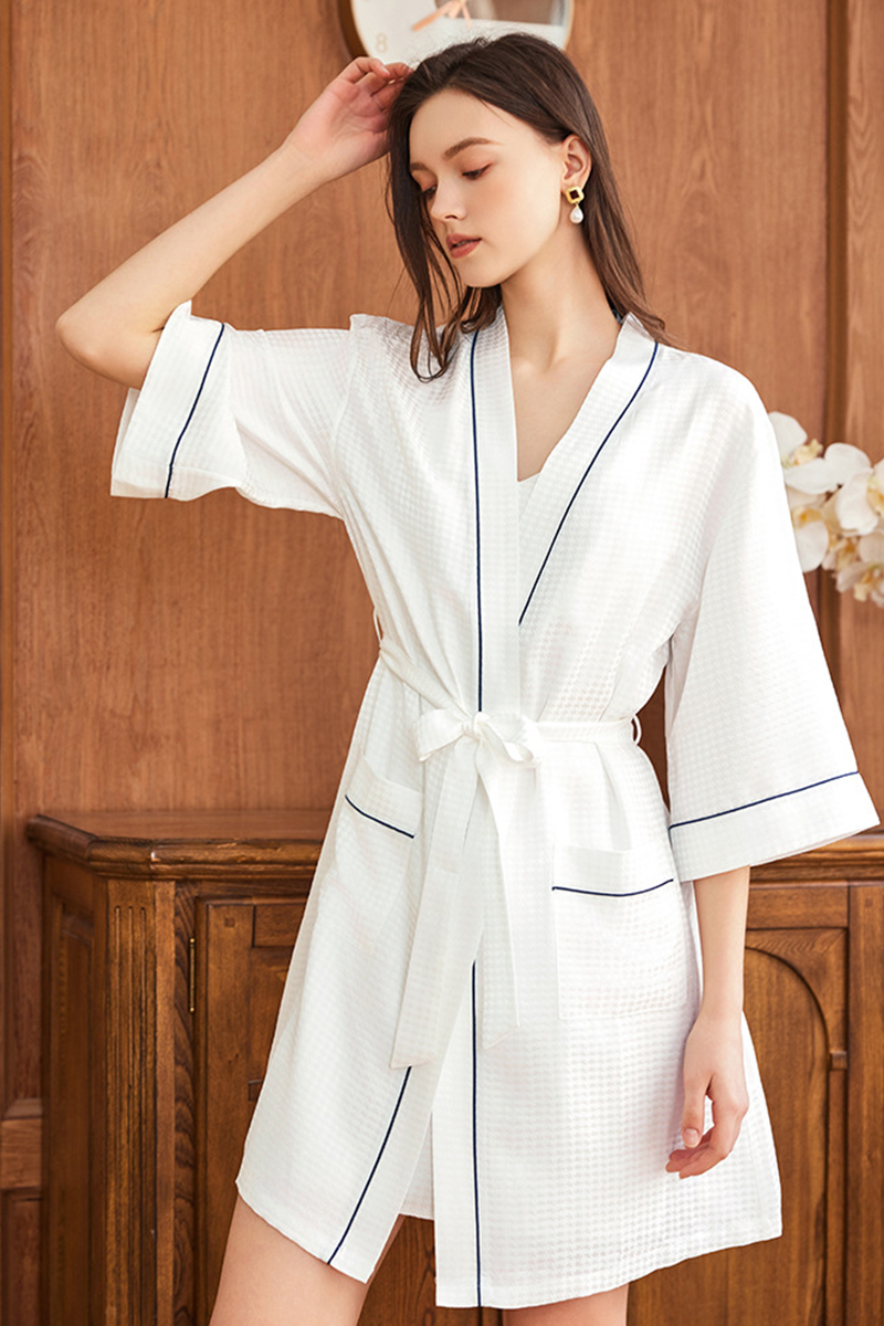 19 Momme Couple White Waffle Texture Heavy 100% Mulberry Silk Robe 2-Piece Set