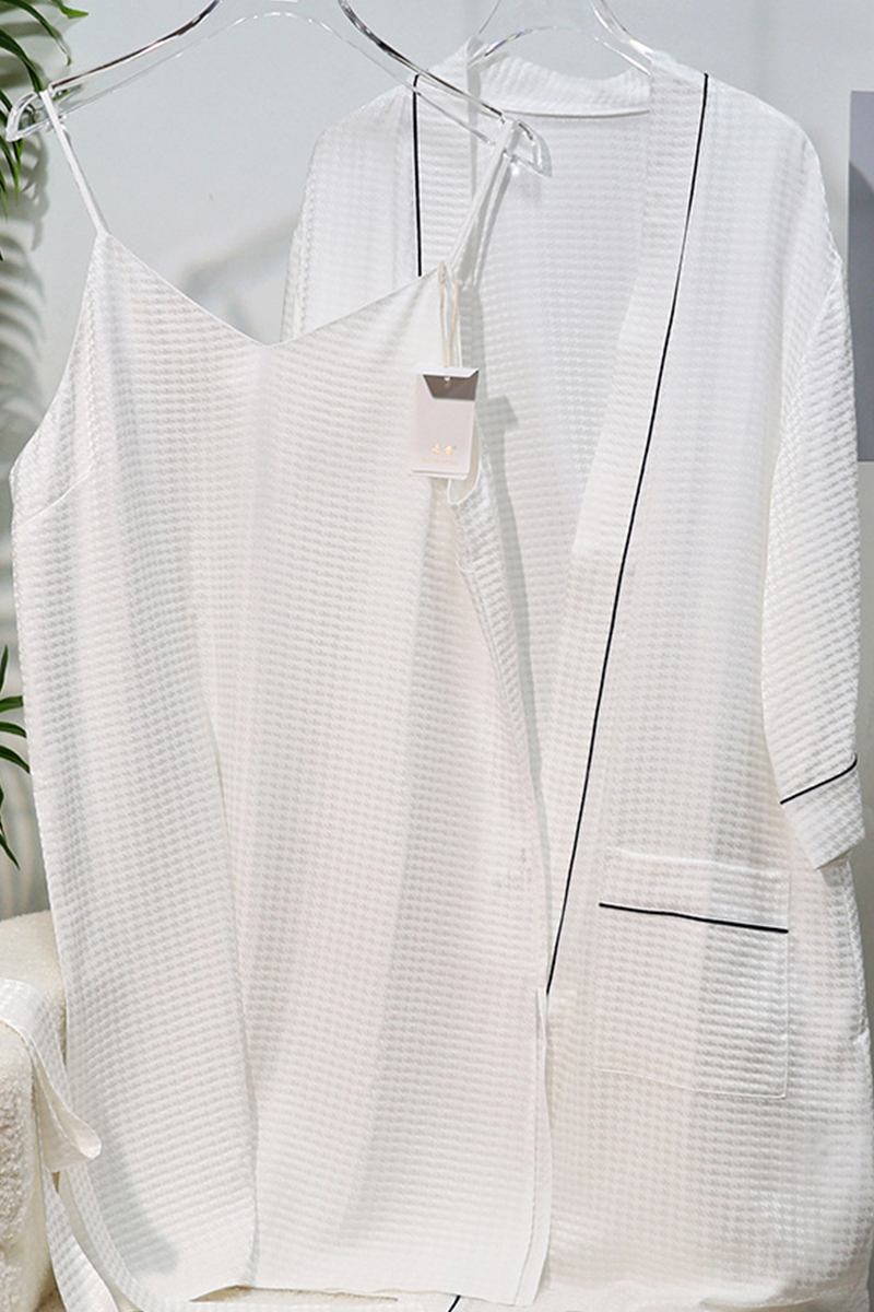 19 Momme Couple White Waffle Texture Heavy 100% Mulberry Silk Robe 2-Piece Set