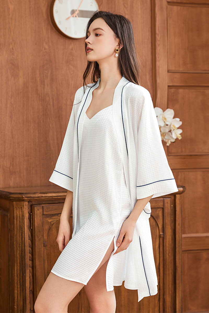 19 Momme Couple White Waffle Texture Heavy 100% Mulberry Silk Robe 2-Piece Set