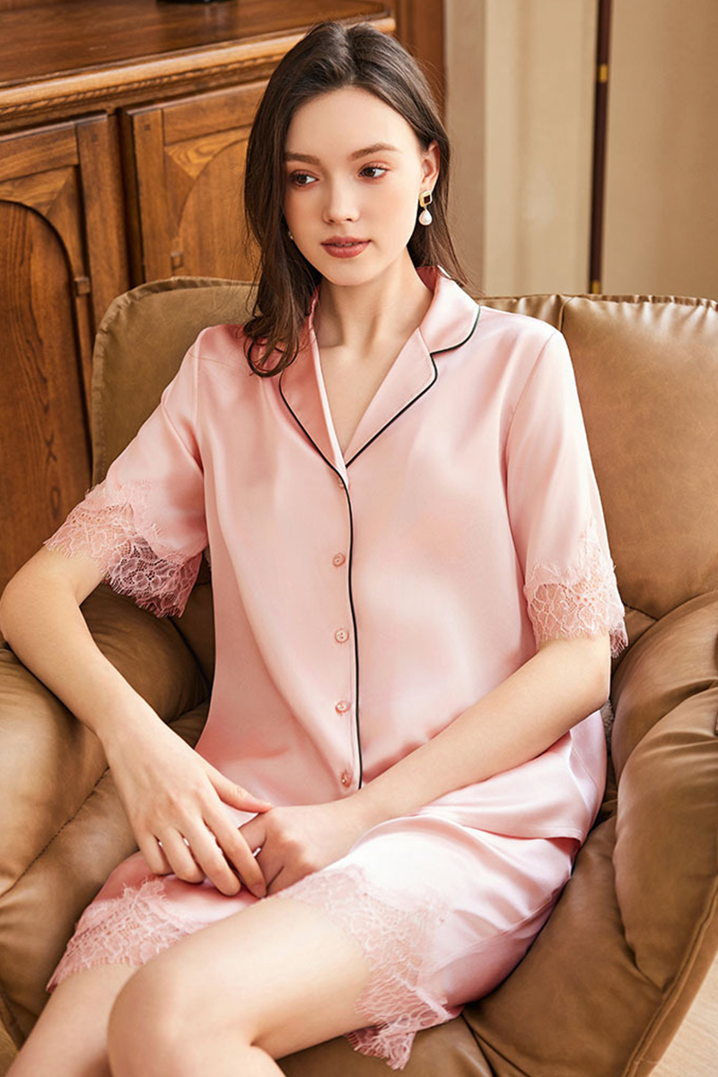 19 Momme Heavy 100% Mulberry Silk Pajama Set Short Sleeve & Shorts Luxury Loungewear with Lace Trim Wearable Outside
