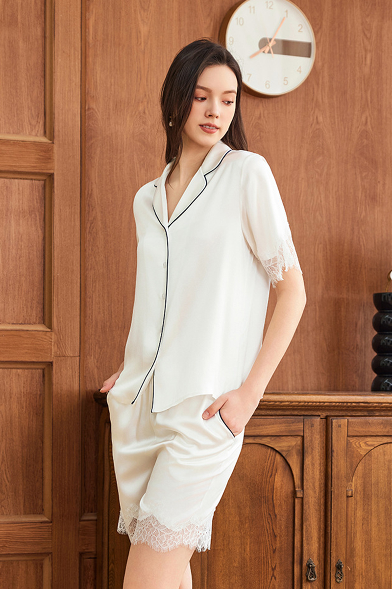 19 Momme Heavy 100% Mulberry Silk Pajama Set Short Sleeve & Shorts Luxury Loungewear with Lace Trim Wearable Outside
