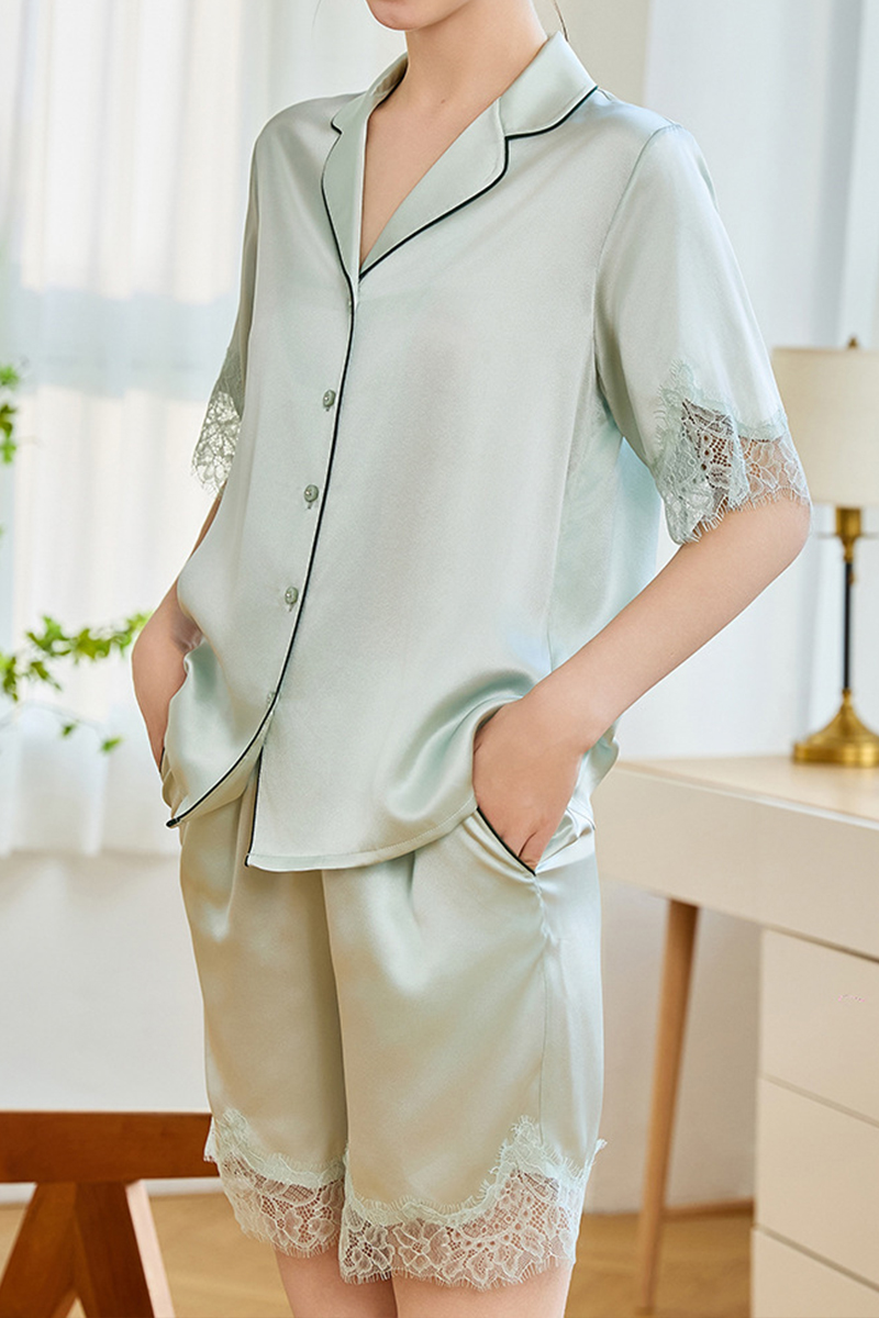 19 Momme Heavy 100% Mulberry Silk Pajama Set Short Sleeve & Shorts Luxury Loungewear with Lace Trim Wearable Outside