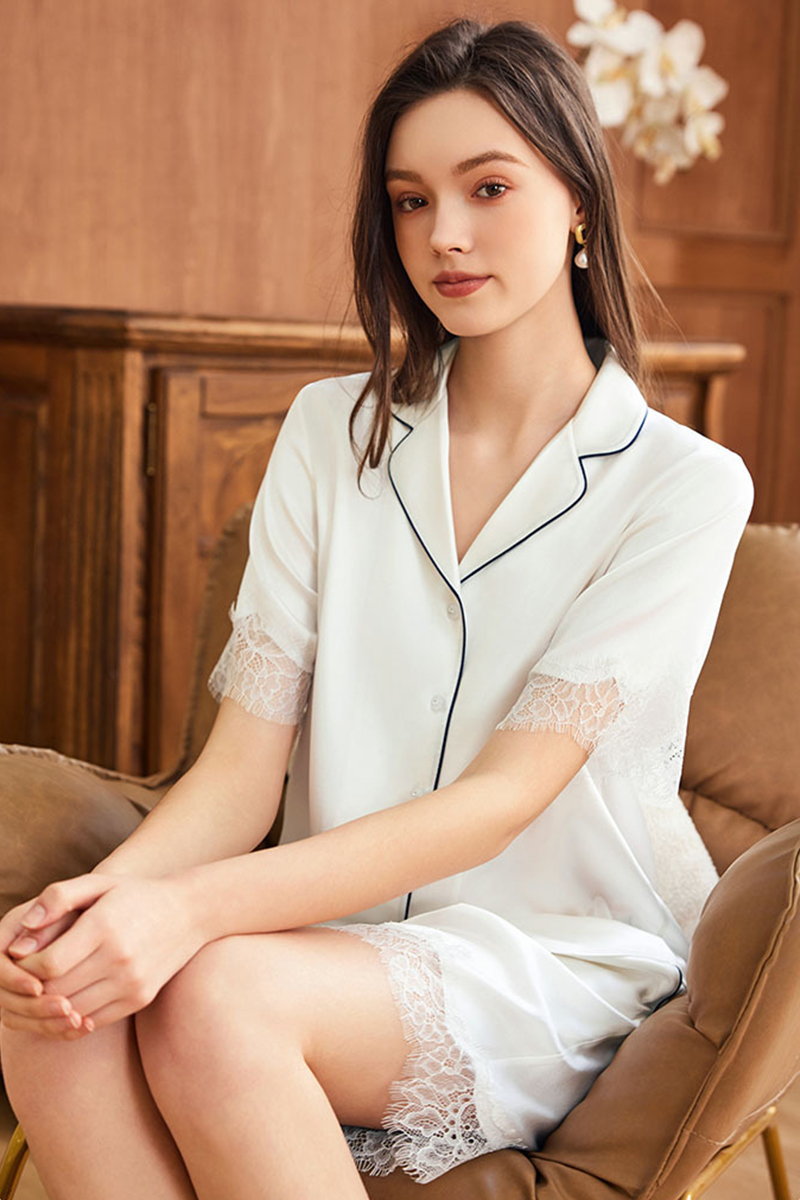 19 Momme Heavy 100% Mulberry Silk Pajama Set Short Sleeve & Shorts Luxury Loungewear with Lace Trim Wearable Outside