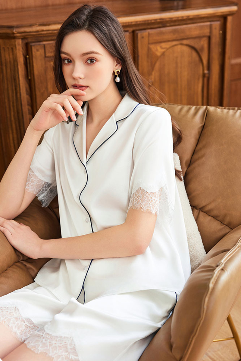 19 Momme Heavy 100% Mulberry Silk Pajama Set Short Sleeve & Shorts Luxury Loungewear with Lace Trim Wearable Outside