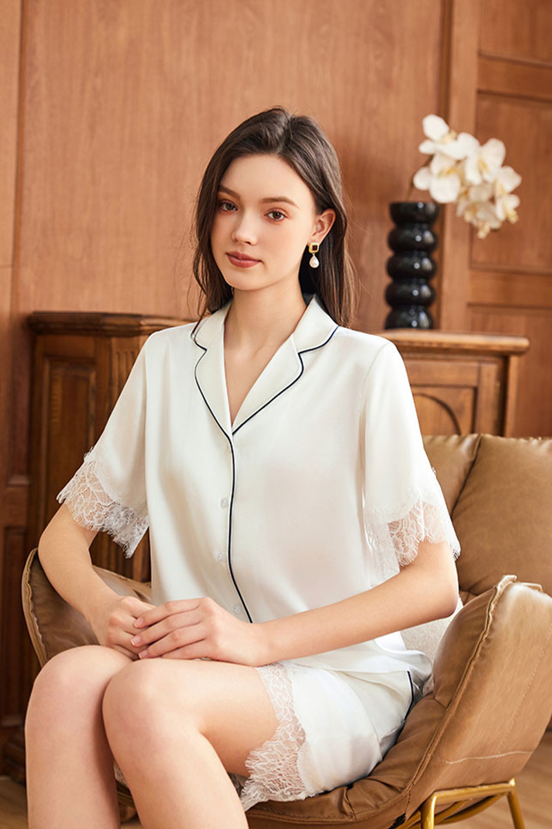 19 Momme Heavy 100% Mulberry Silk Pajama Set Short Sleeve & Shorts Luxury Loungewear with Lace Trim Wearable Outside