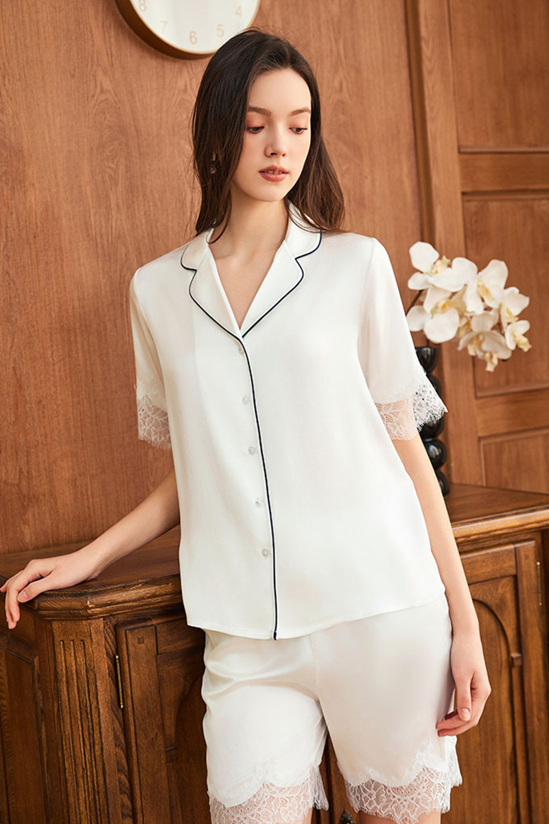19 Momme Heavy 100% Mulberry Silk Pajama Set Short Sleeve & Shorts Luxury Loungewear with Lace Trim Wearable Outside