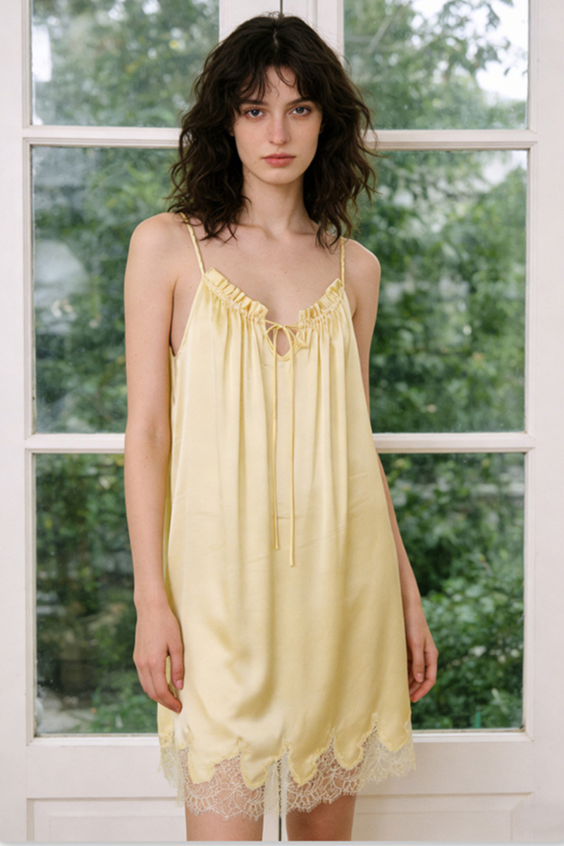 100% Mulberry Silk Slip Nightgown Ruffle Trim Sexy Mini Sleep Dress