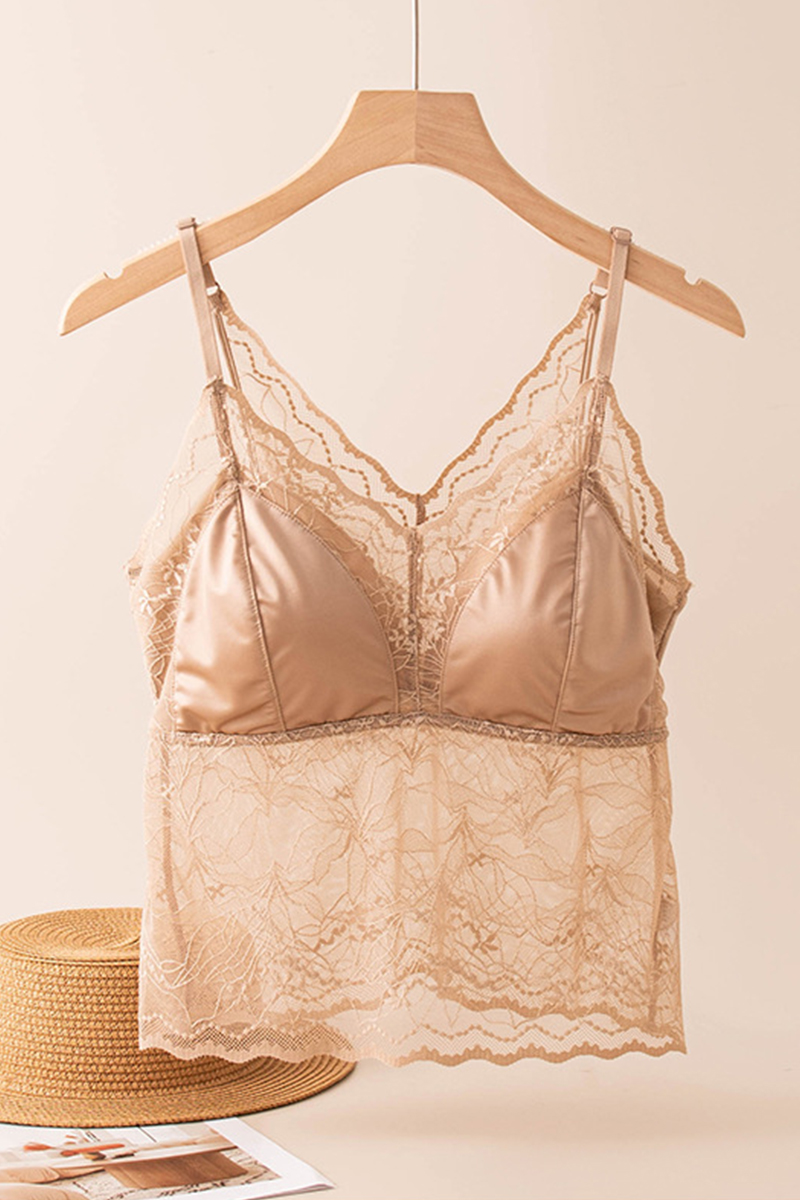 Satin Cami Lingerie with Lace Splicing Built-In Integrated Bra Cup Slip Camisole Top 