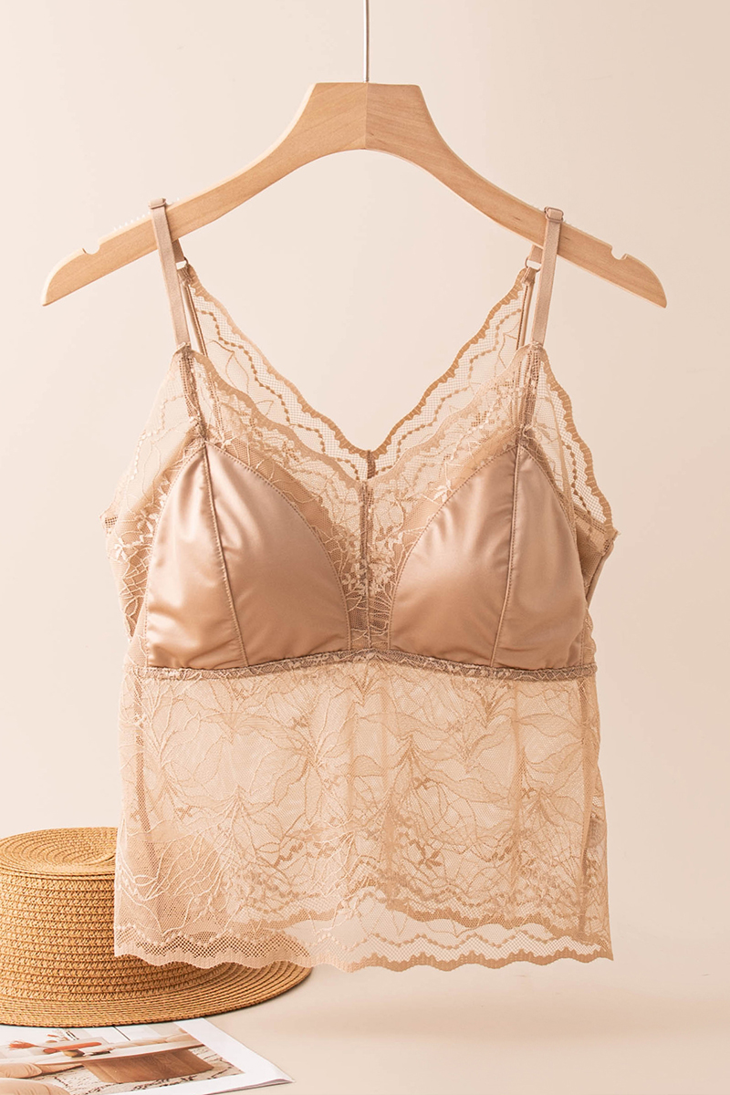Satin Cami Lingerie with Lace Splicing Built-In Integrated Bra Cup Slip Camisole Top 