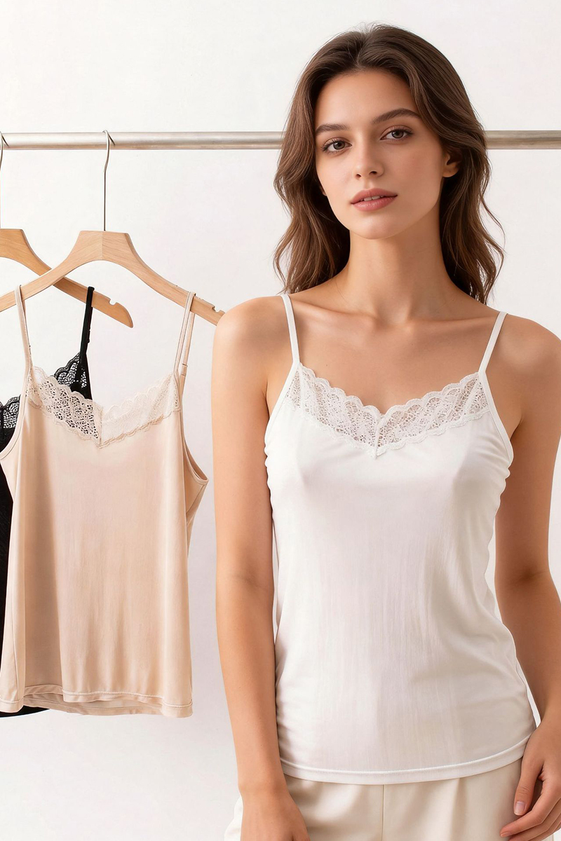 Silkisi V-Neck Silk Camisole Solid Color Mulberry Silk Layering Vest with Delicate Lace Trim