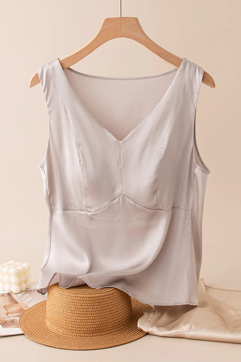 16 Momme Stretch Satin Mulberry Silk Tank Top V-Neck Silk Camisole with Built-In Bra