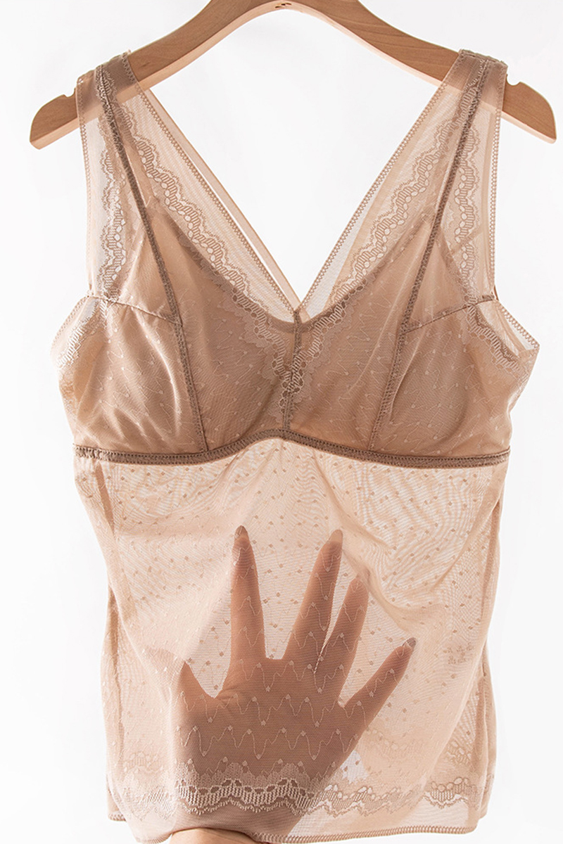 Silkisi Sexy V-Neck Mulberry Silk Camisole Slim Fit Lace Trim 2-in-1 Tank Top with Built-In Bra Cups
