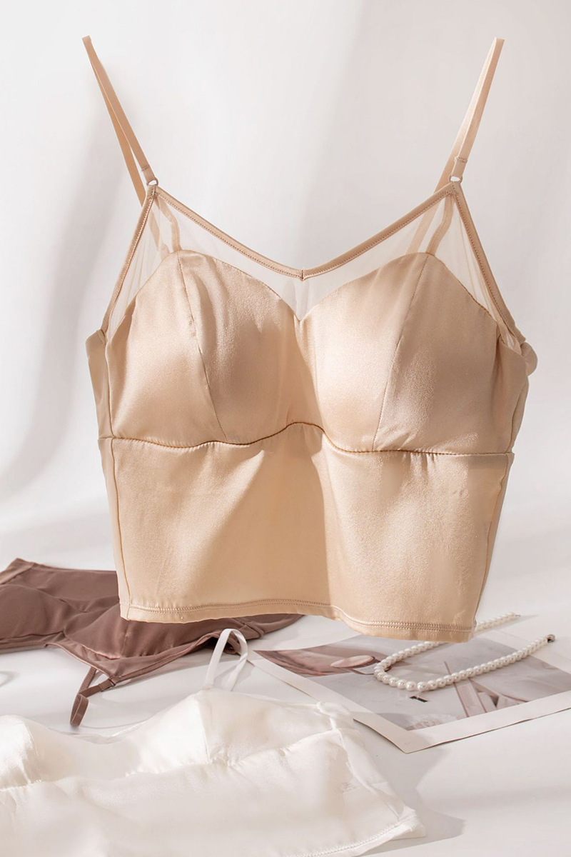 Silkisi Integrated Silk Camisole Bra Stretch Satin Beauty Back Tank Top