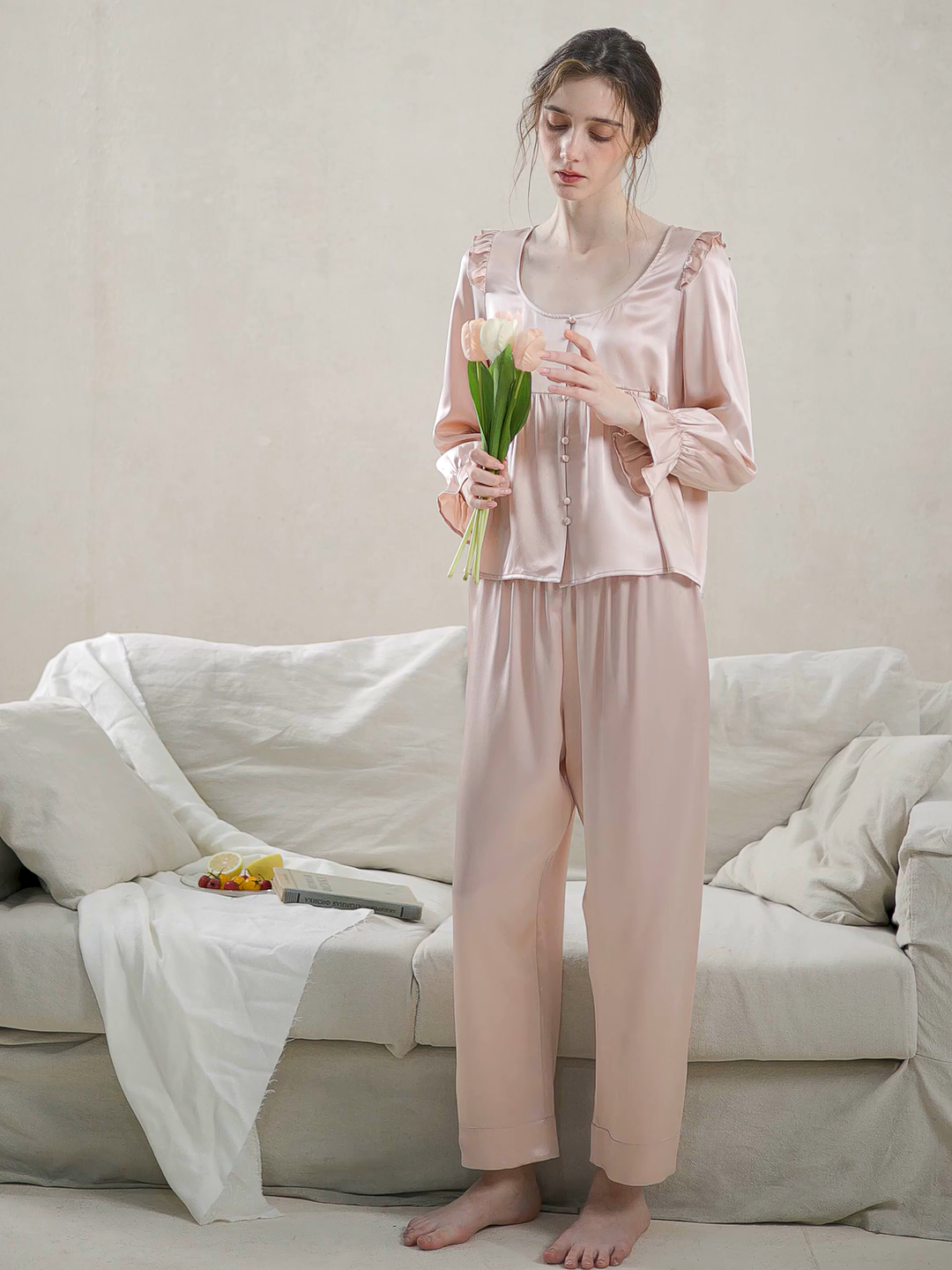 100% Mulberry Silk Vintage Style Pajama Set with Ruffle Trim for Women