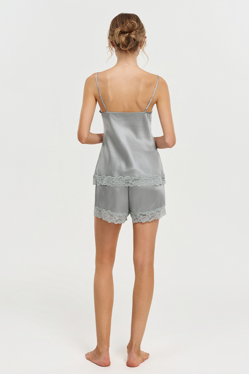 100% Mulberry Silk Camisole Set Lace Loungewear Silk Cami & Shorts Two-Piece Sleepwear