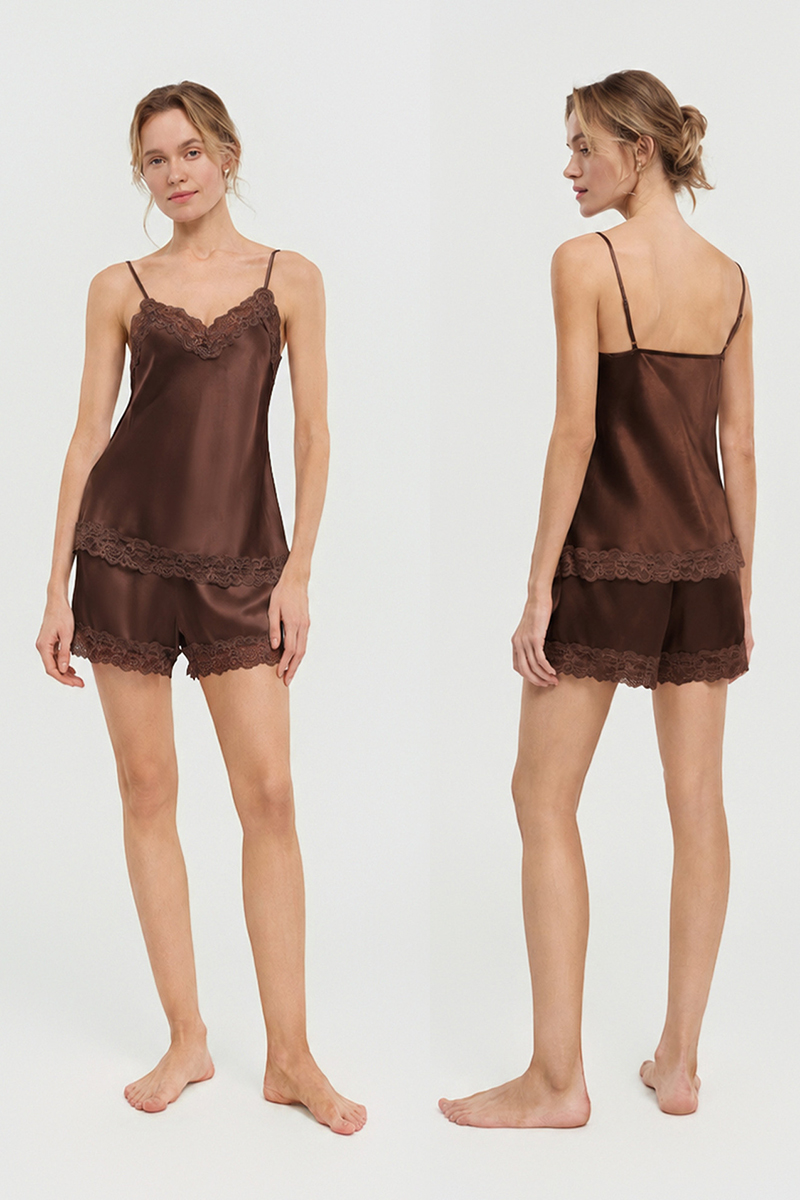 100% Mulberry Silk Camisole Set Lace Loungewear Silk Cami & Shorts Two-Piece Sleepwear