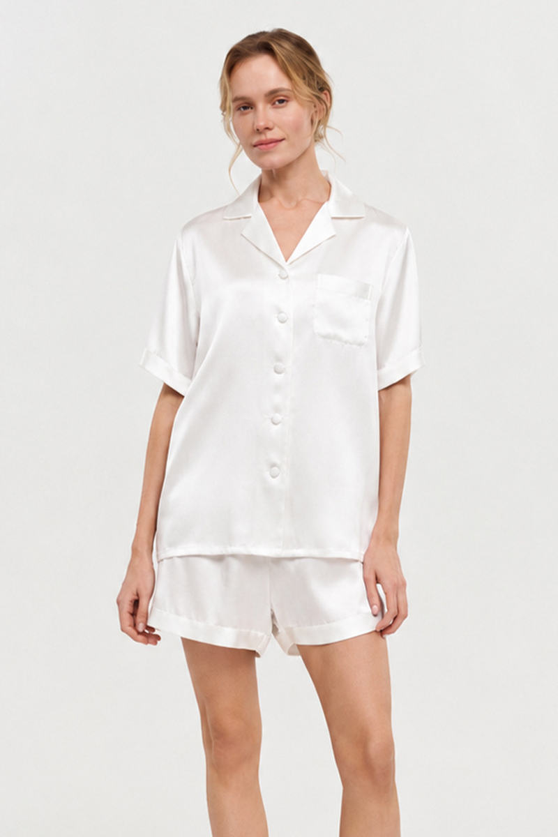 100% Mulberry Silk Pajama Set Short Sleeve Top & Shorts Two-Piece Luxury Silk Loungewear