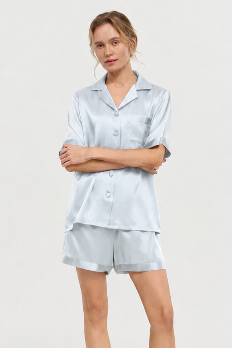 100% Mulberry Silk Pajama Set Short Sleeve Top & Shorts Two-Piece Luxury Silk Loungewear