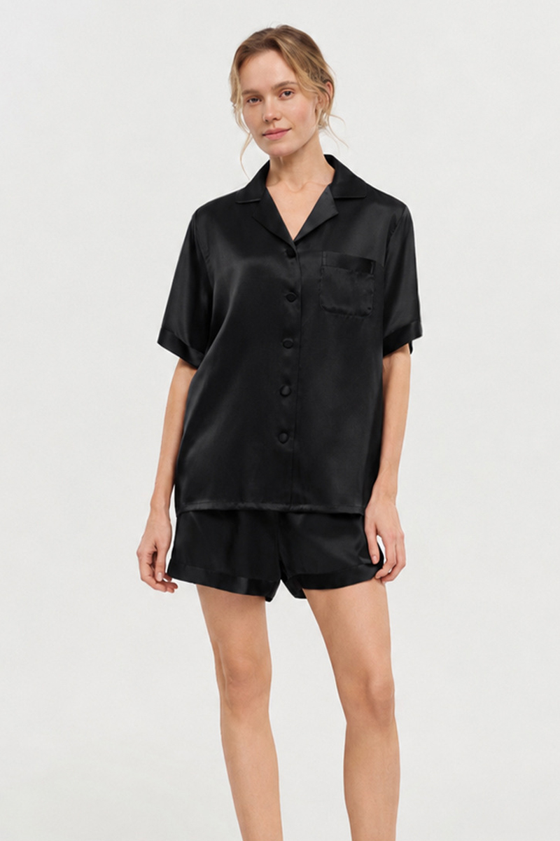 100% Mulberry Silk Pajama Set Short Sleeve Top & Shorts Two-Piece Luxury Silk Loungewear