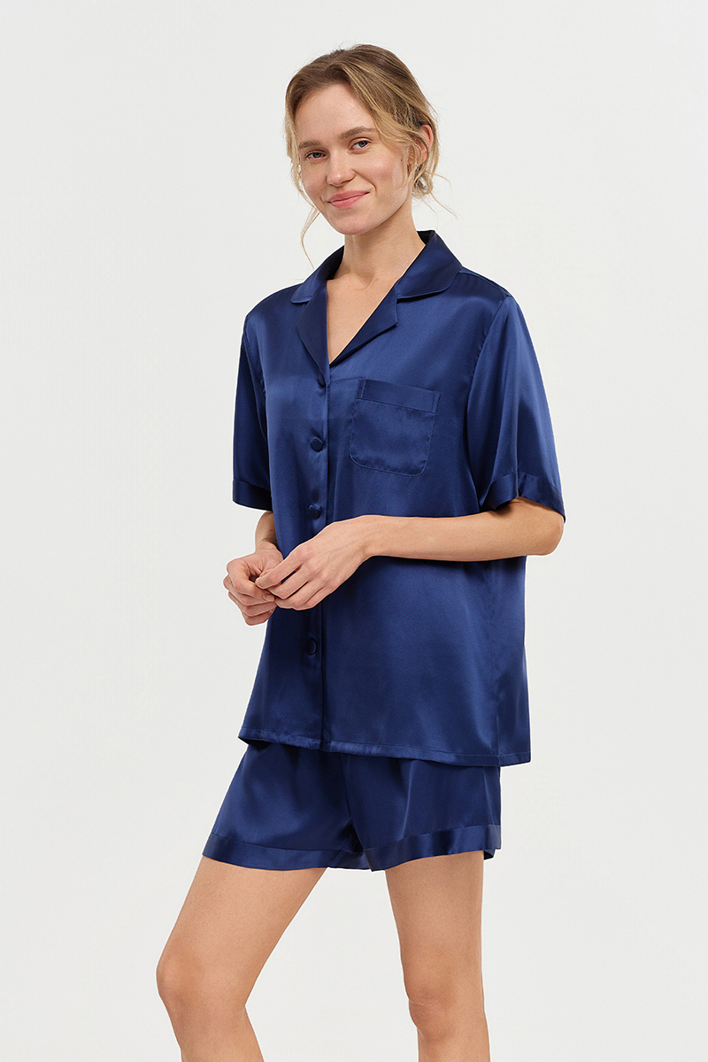 100% Mulberry Silk Pajama Set Short Sleeve Top & Shorts Two-Piece Luxury Silk Loungewear
