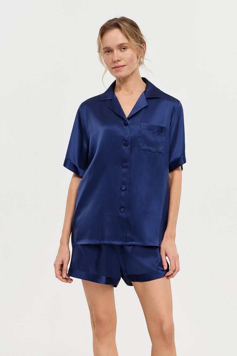 100% Mulberry Silk Pajama Set Short Sleeve Top & Shorts Two-Piece Luxury Silk Loungewear