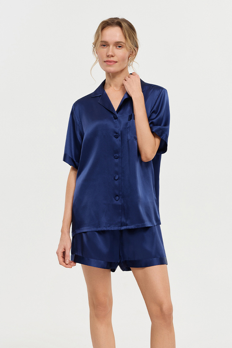 100% Mulberry Silk Pajama Set Short Sleeve Top & Shorts Two-Piece Luxury Silk Loungewear