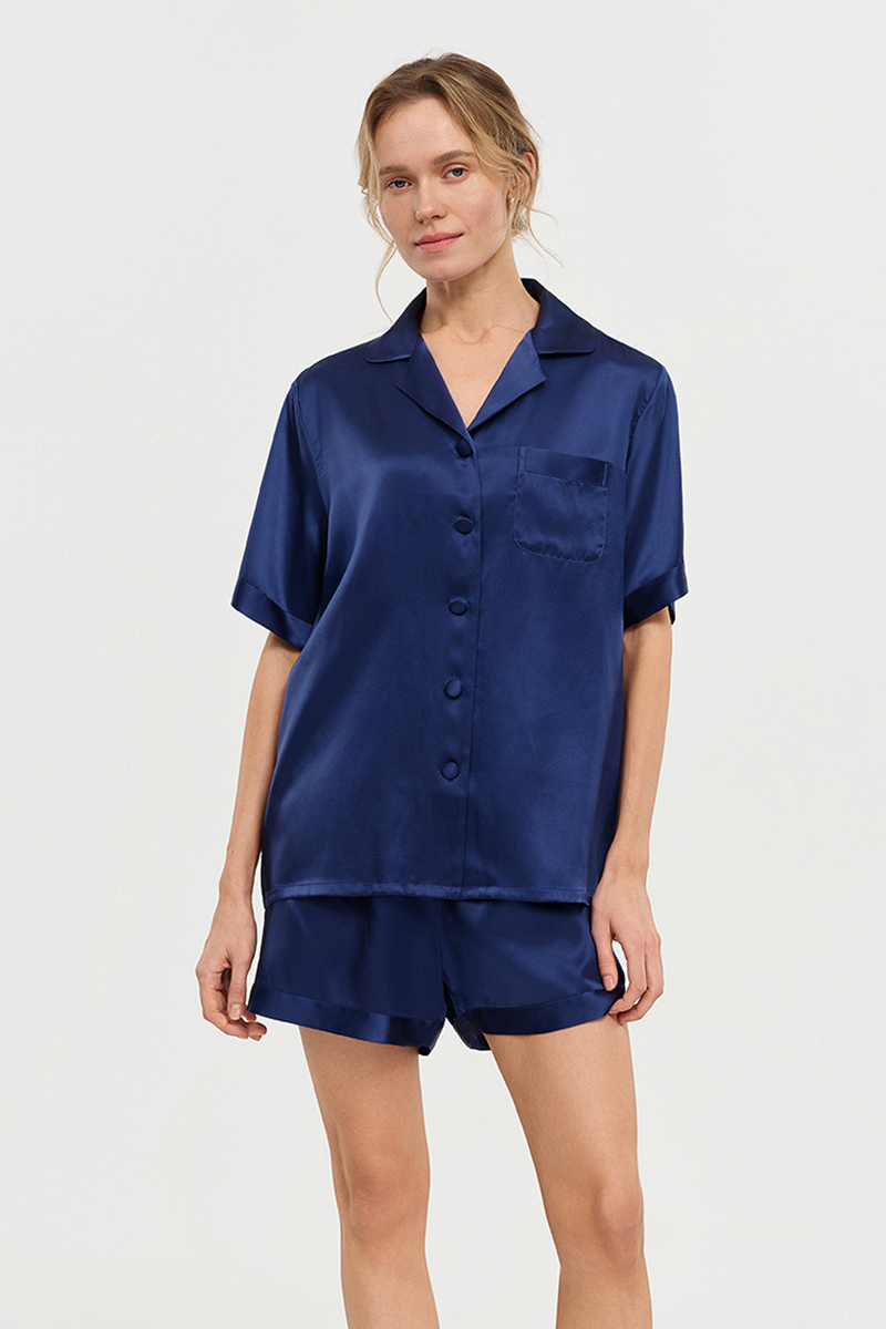 100% Mulberry Silk Pajama Set Short Sleeve Top & Shorts Two-Piece Luxury Silk Loungewear
