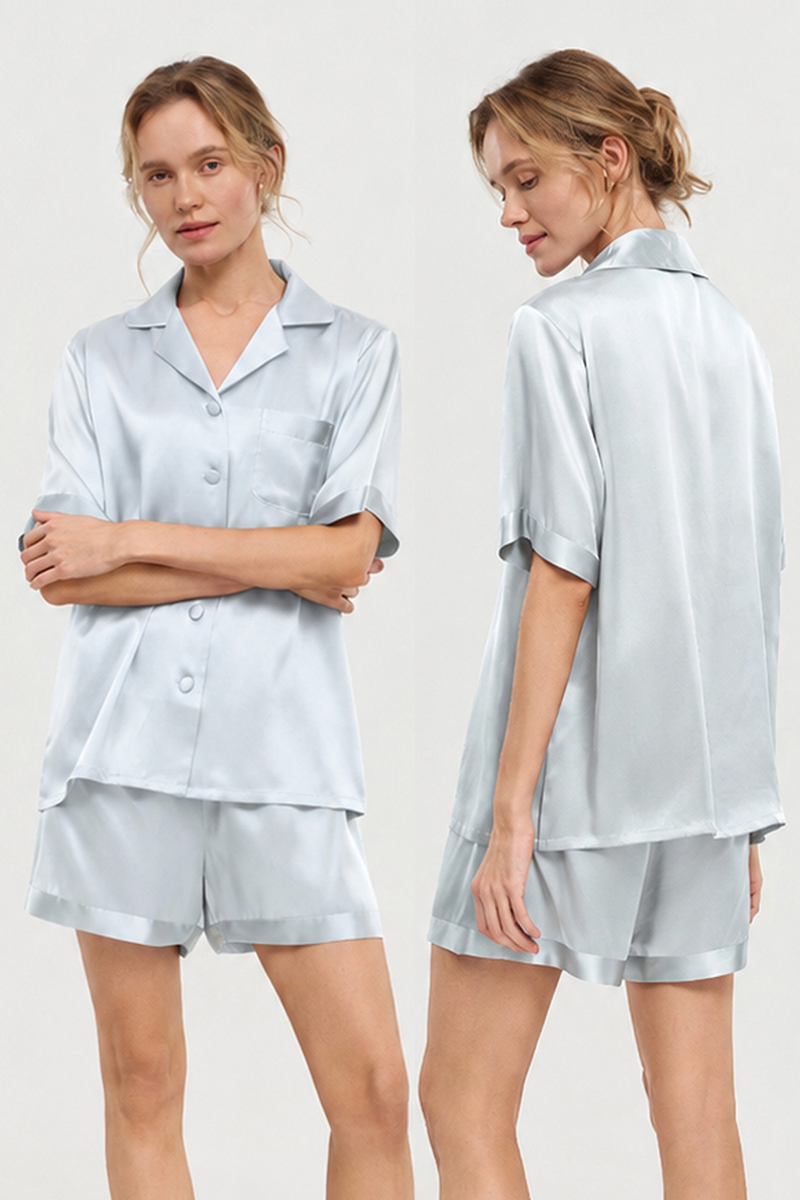 100% Mulberry Silk Pajama Set Short Sleeve Top & Shorts Two-Piece Luxury Silk Loungewear