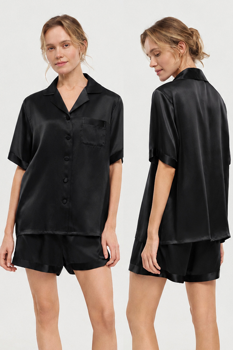 100% Mulberry Silk Pajama Set Short Sleeve Top & Shorts Two-Piece Luxury Silk Loungewear
