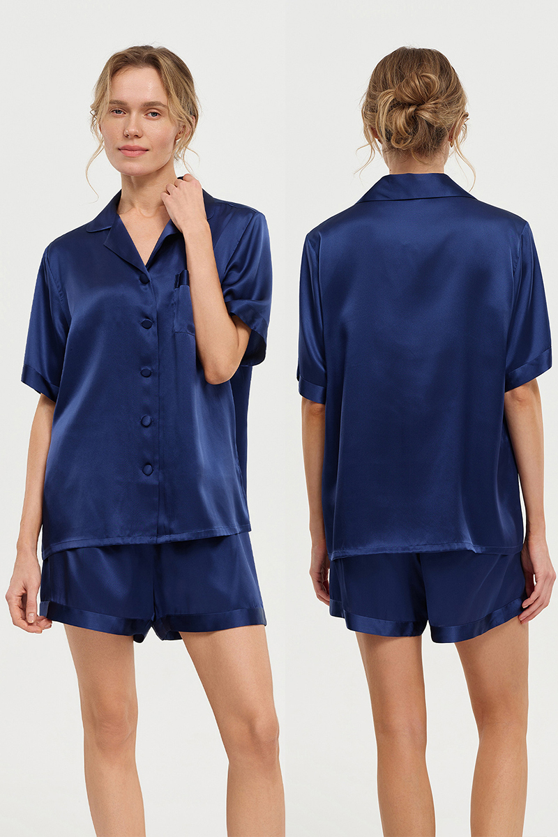 100% Mulberry Silk Pajama Set Short Sleeve Top & Shorts Two-Piece Luxury Silk Loungewear
