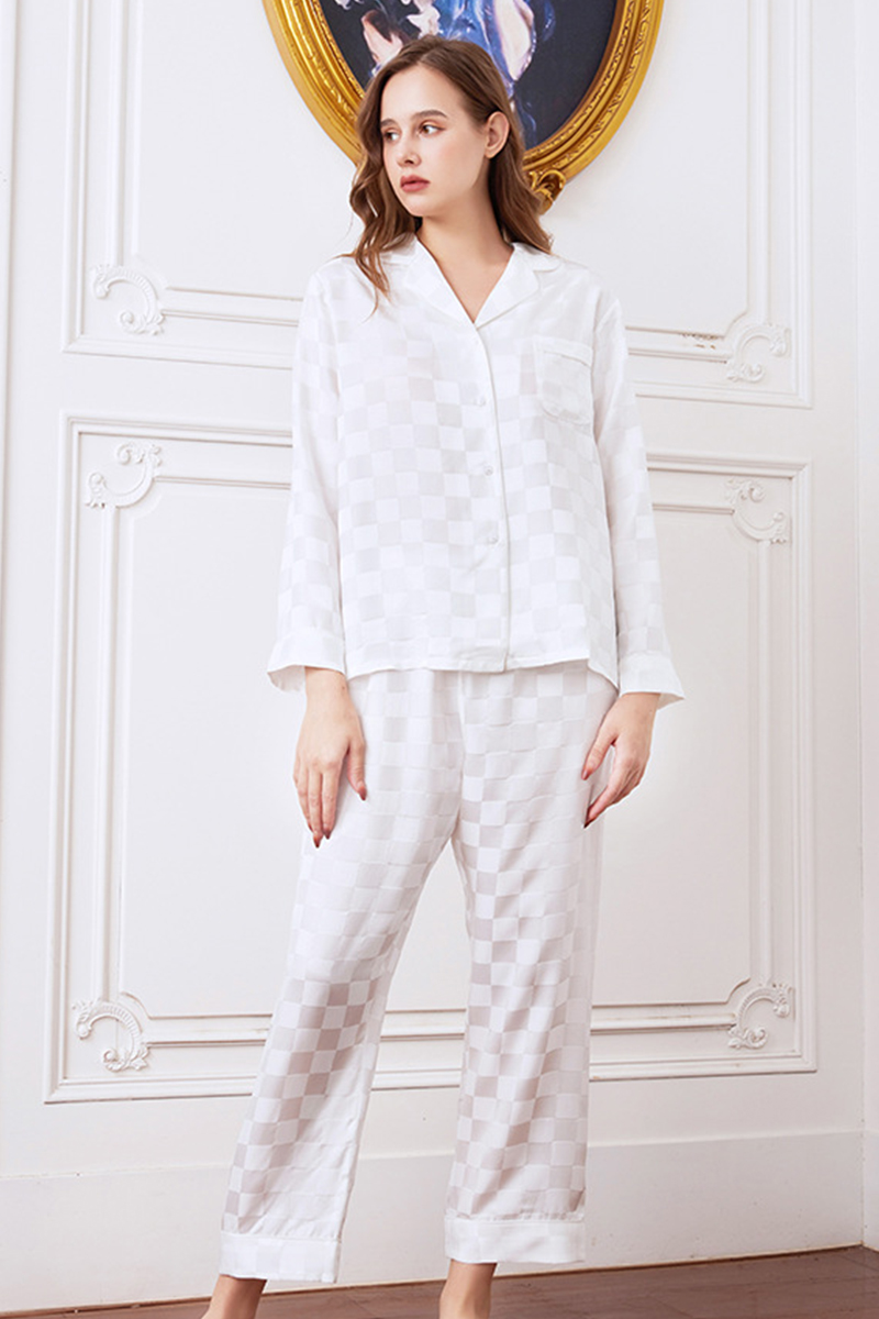 19 Momme 100% Mulberry Silk Matching Couple Plaid Heavy Mulberry Silk Pajama Set Long Sleeve Pants Loungewear for Men & Women