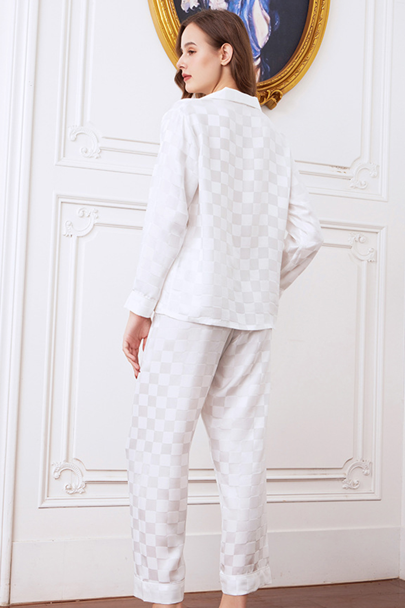 19 Momme 100% Mulberry Silk Matching Couple Plaid Heavy Mulberry Silk Pajama Set Long Sleeve Pants Loungewear for Men & Women
